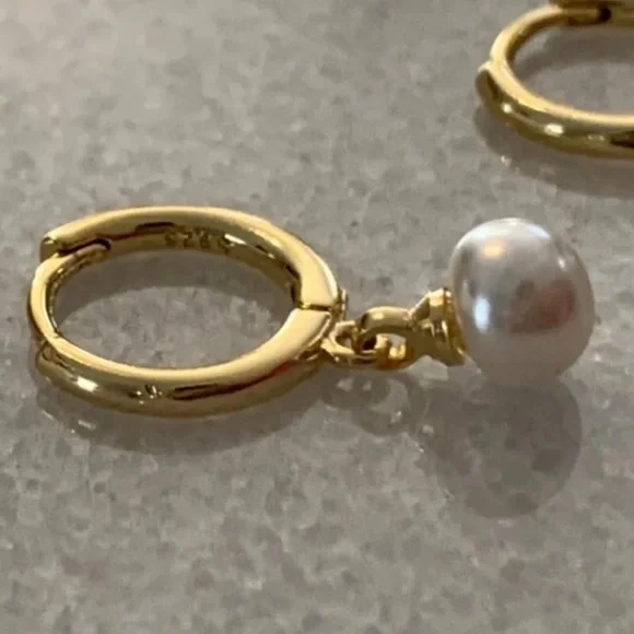 COPY - COPY - Gold Pearl Dangle Huggie Hoop Earrings Brand New - Picture 4 of 4